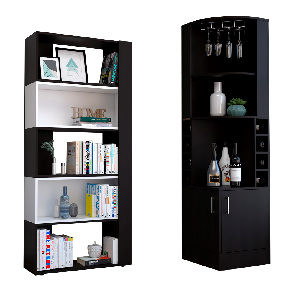 Bar Esquinero Kava + Biblioteca Cubo Color Wengue Para Sala De Estar